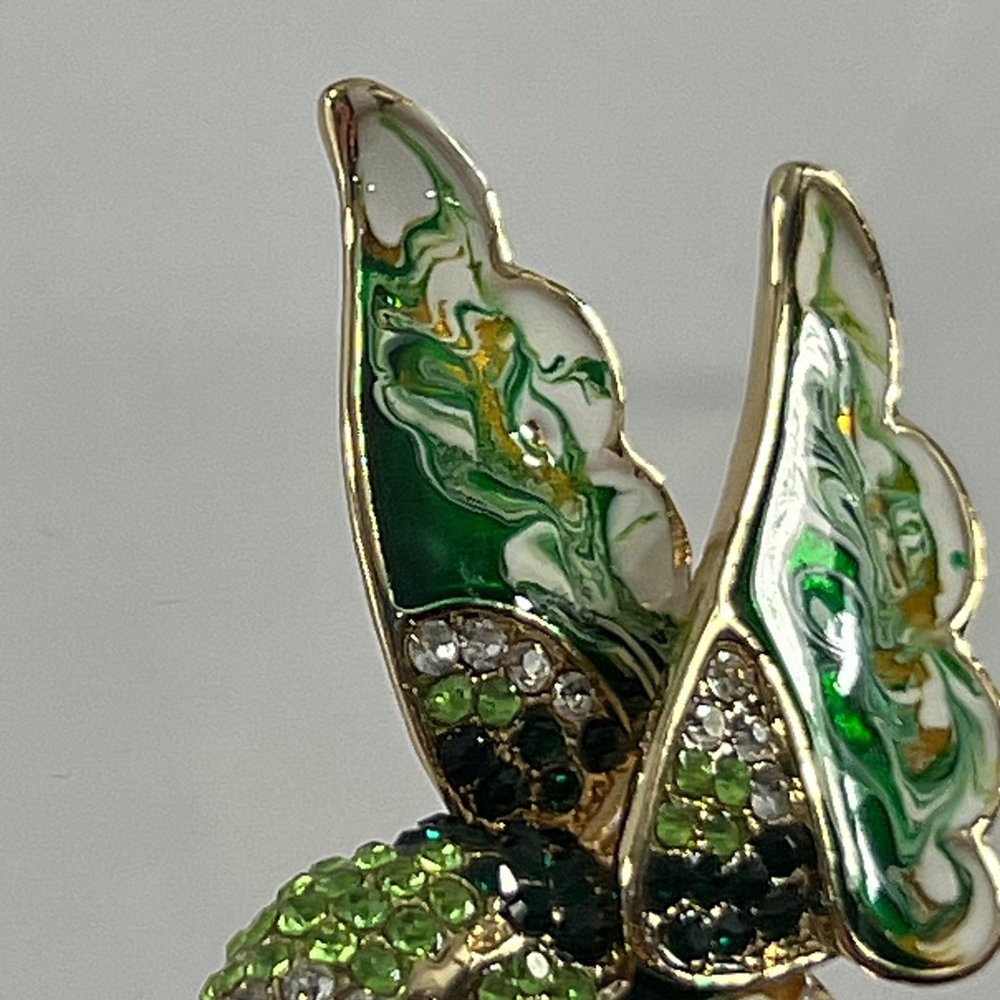 Hummingbird Brooch Pin Green White Enamel Rhinestones Gold Tone Sparkle - Picture 4 of 7